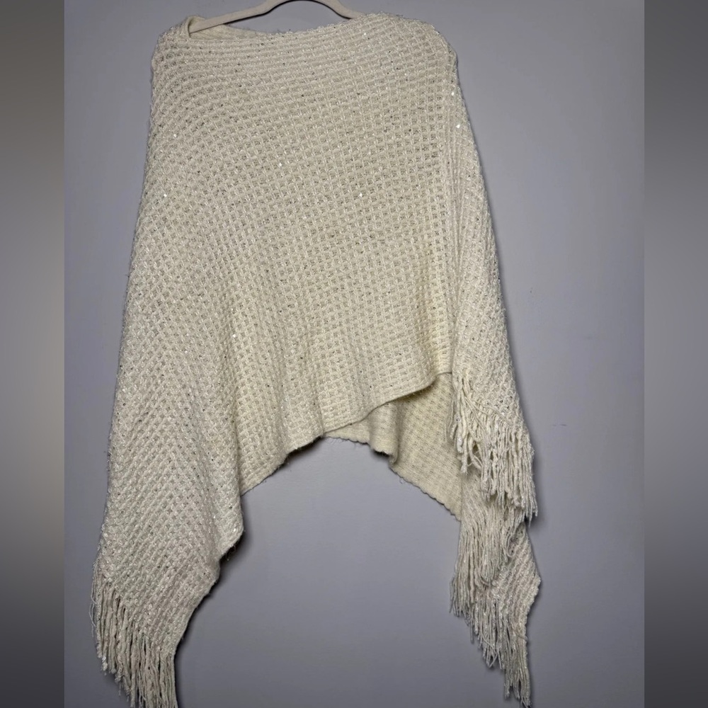 Cream Knit Poncho with Fringe NWT